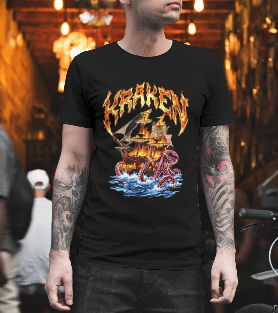 Kraken Nautical Myths Burning Ship Octopus Attack T-Shirt