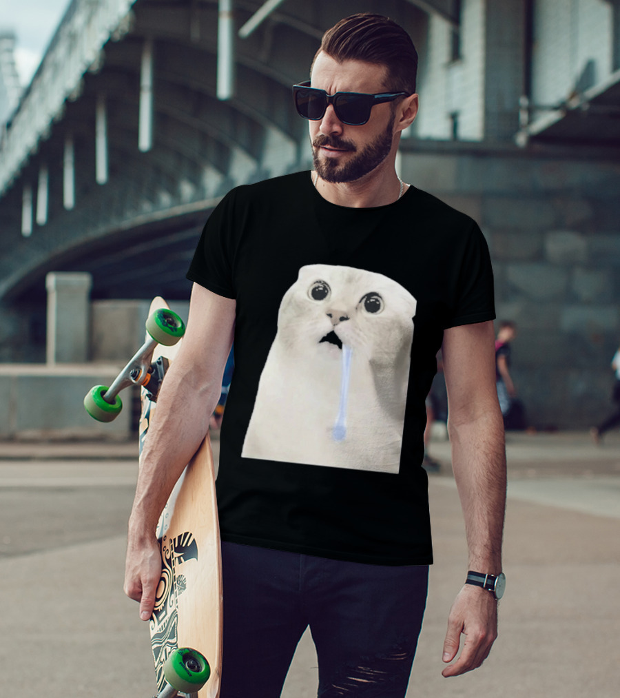 Wide Eyed Drooling Cat Meme Humor T-Shirt