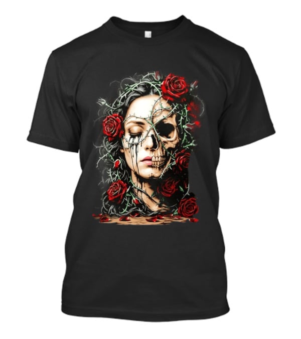 Eleventy Skull And Roses Gothic Heavy Metal Image With Thorns And Red Roses T-Shirt