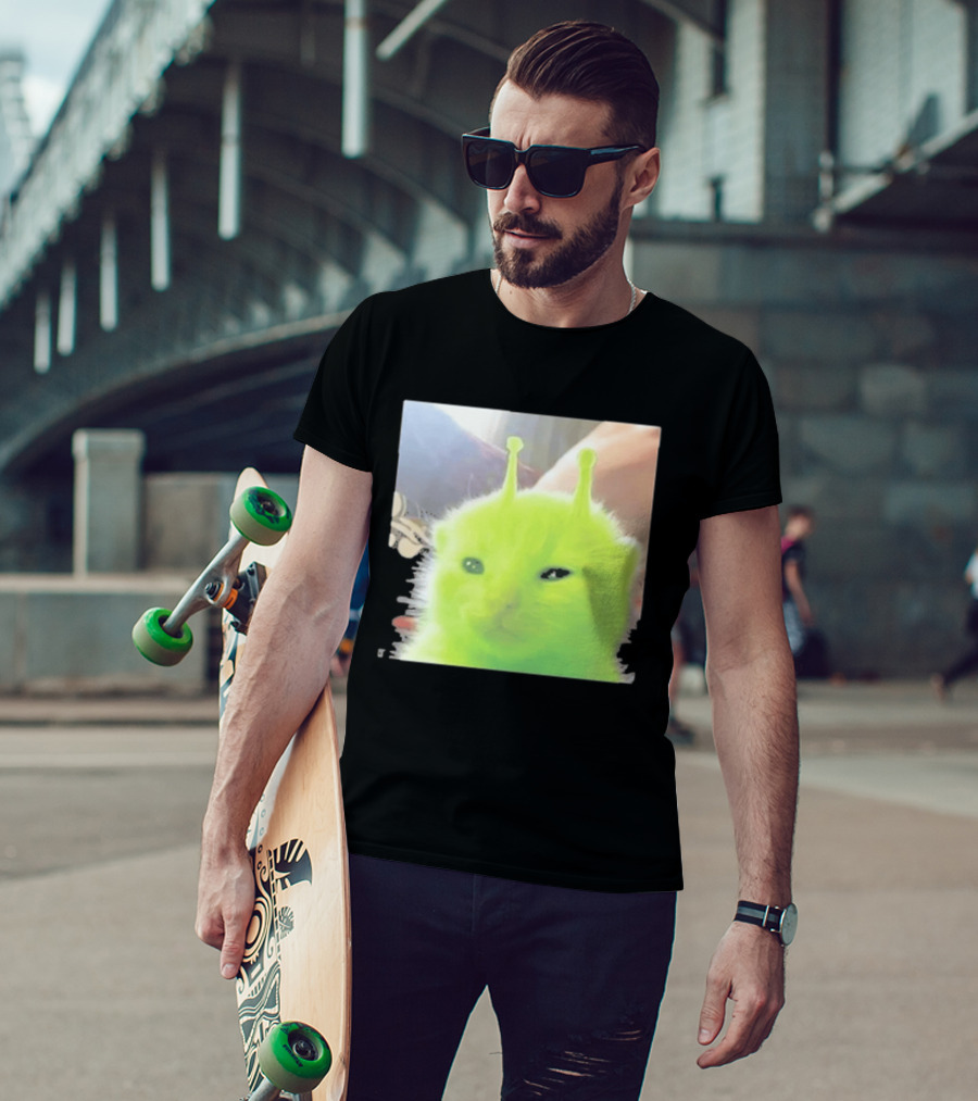 Glorp Alien Cat Winking Whimsical Green Feline With Antennae T-Shirt