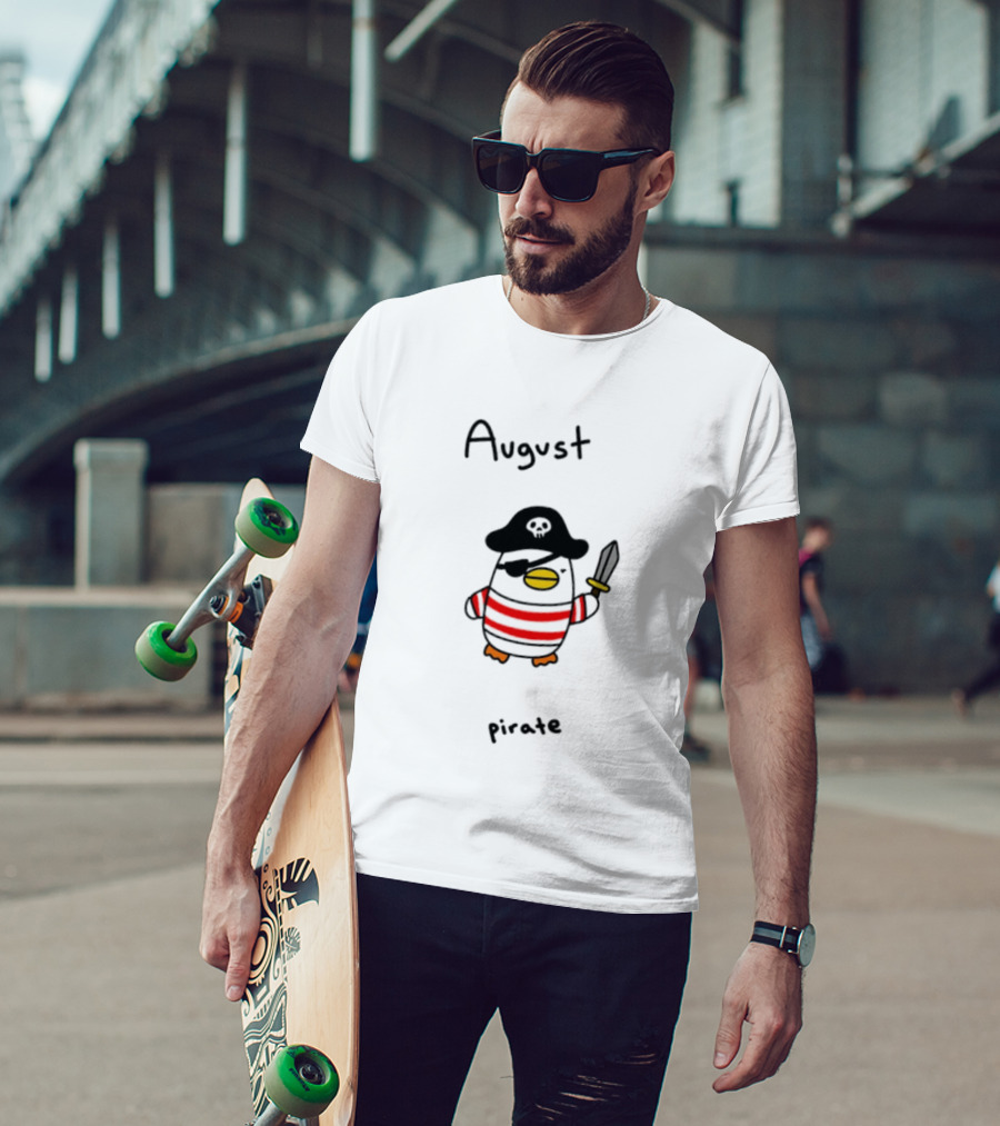 August Pirate Penguin Cartoon Striped Eyepatch Sword T-Shirt
