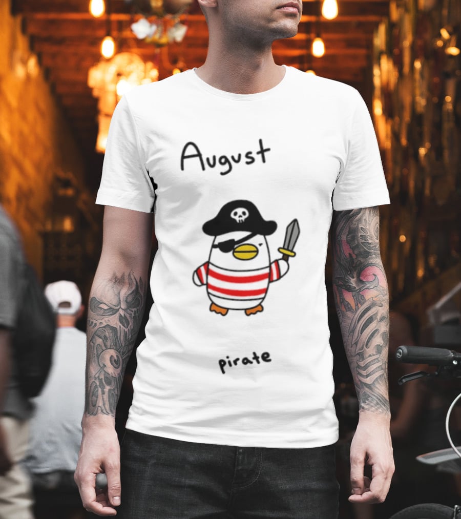 August Pirate Penguin Cartoon Striped Eyepatch Sword T-Shirt