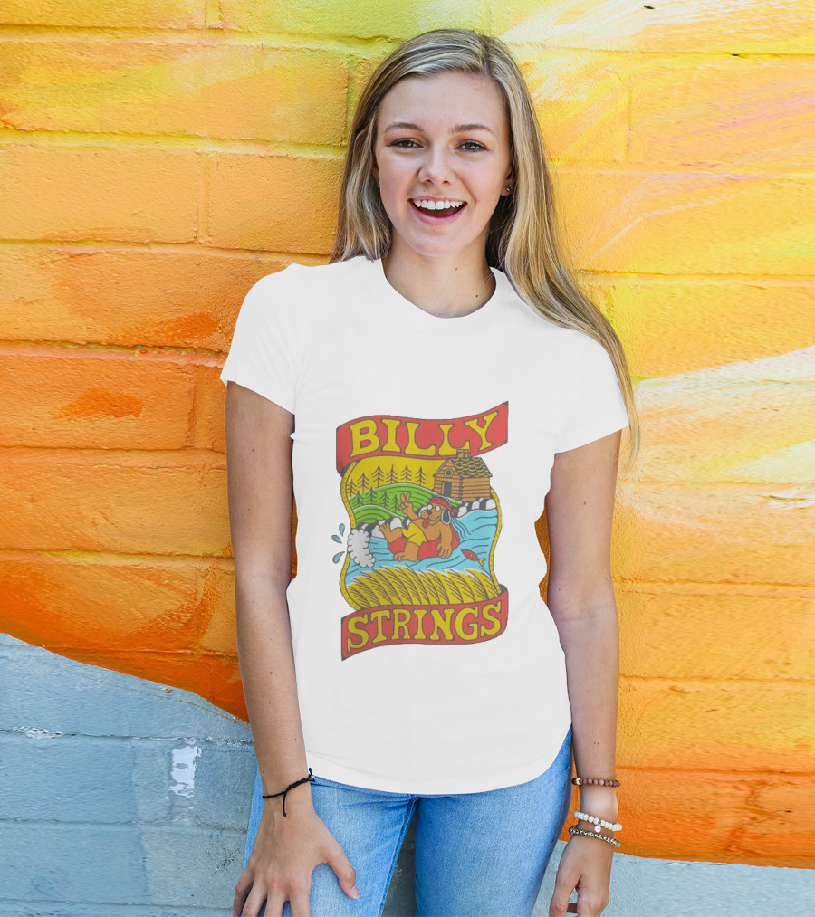 Billy Strings Tubing Bear Cabin Scene With Trees And Fish T-Shirt