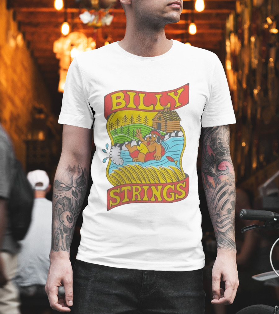 Billy Strings Tubing Bear Cabin Scene With Trees And Fish T-Shirt