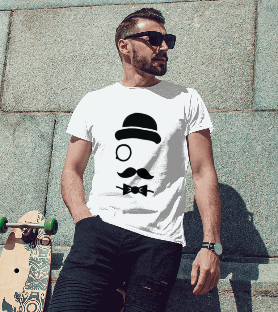 Bowler Hat Monocle Mustache Bow Tie T-Shirt