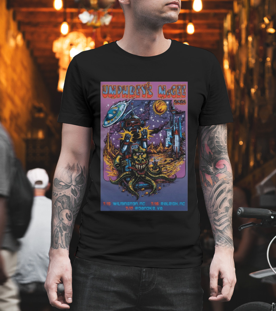 Umphrey's McGee 2026 Tour Dates With Sci Fi Art Featuring Space Monster And Robot In Roanoke VA T-Shirt