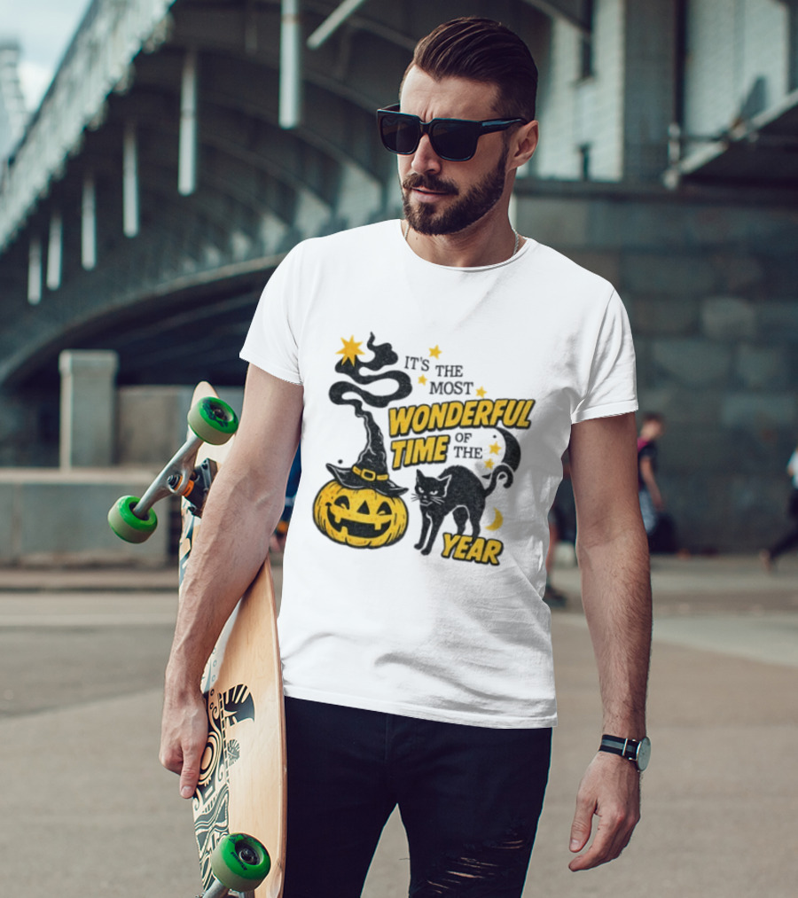 It's The Most Wonderful Time Of The Year Halloween Pumpkin Black Cat T-Shirt