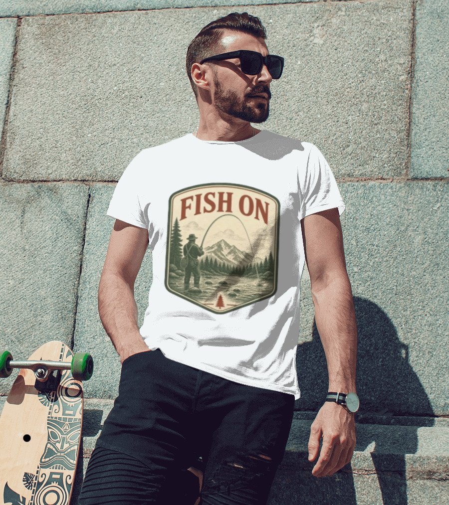 Fish On Fly Fishing Fisherman Mountain Landscape Adventure T-Shirt