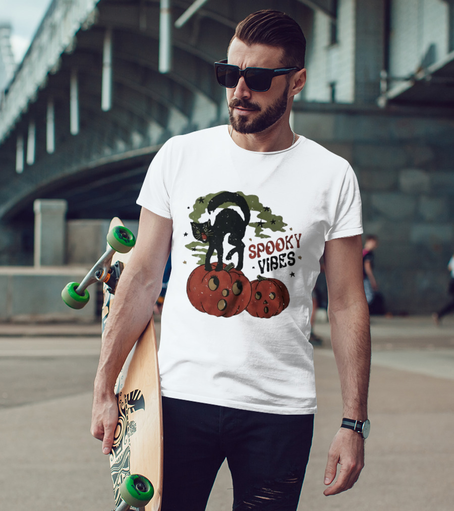 Spooky Vibes Black Cat Pumpkins Halloween Cartoon Stars T-Shirt
