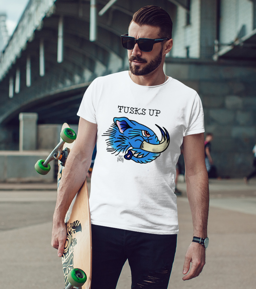 Tusks Up Blue Boar Head By Ghou Viscera T-Shirt