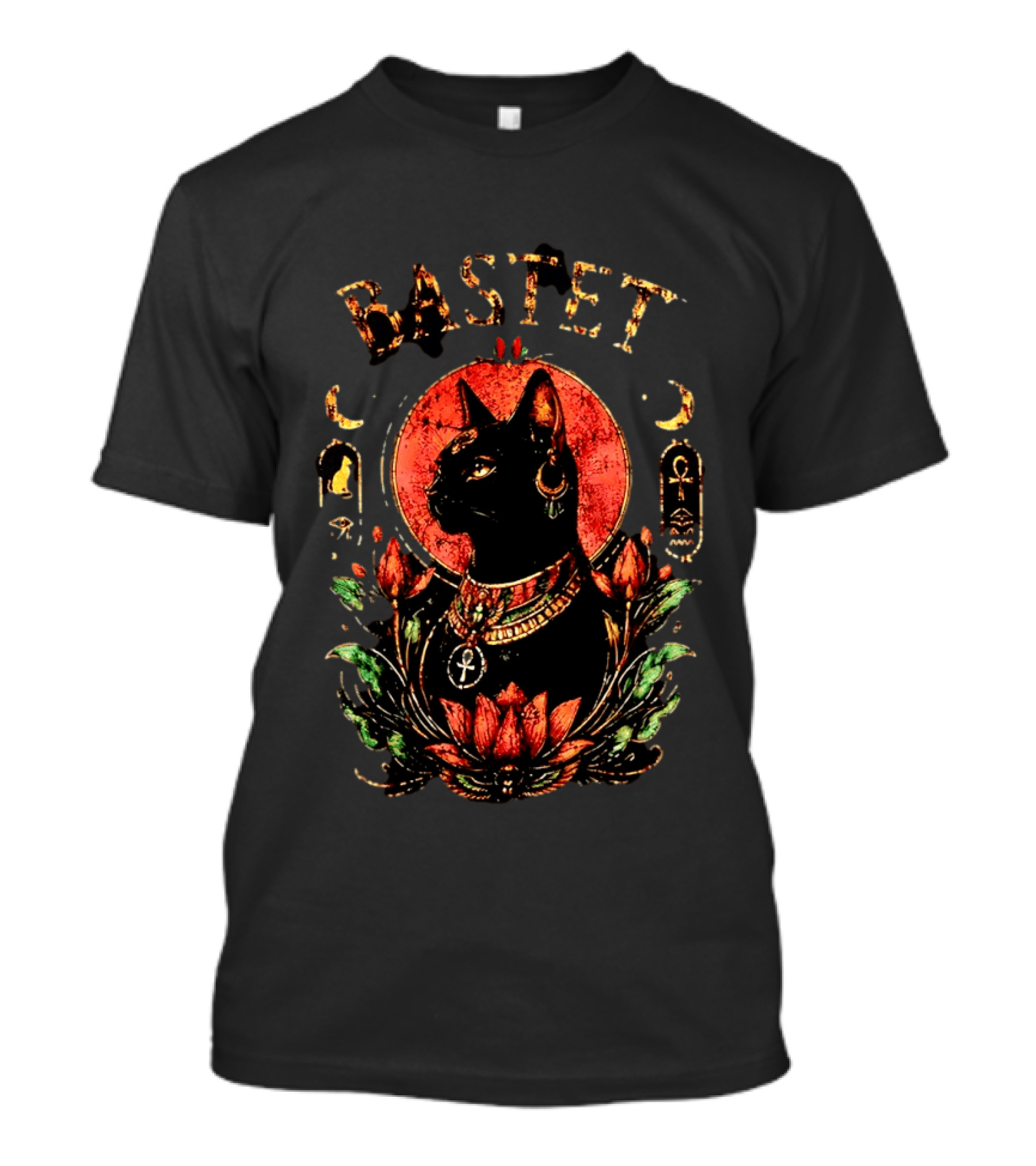 Bastet Cat Goddess Egyptian Symbolism With Ankh And Lotus T-Shirt