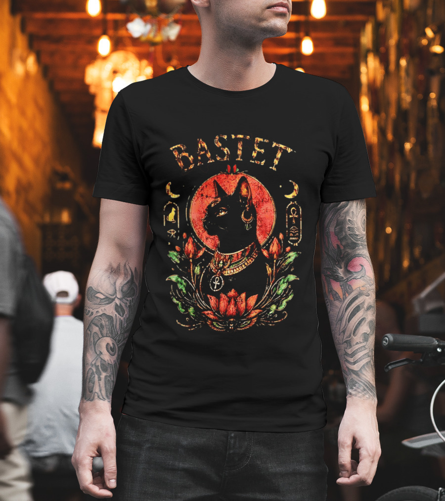 Bastet Cat Goddess Egyptian Symbolism With Ankh And Lotus T-Shirt