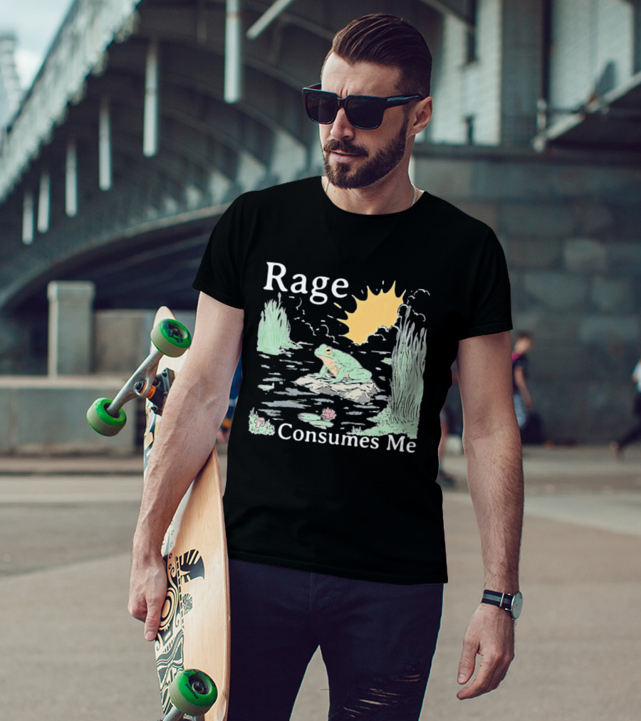 Rage Consumes Me Frog On Rock With Sunburst And Pond Scene T-Shirt