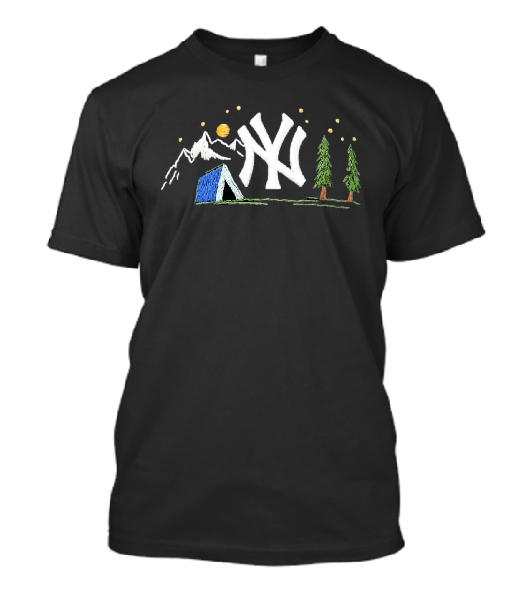 New York Yankees Embroidered Camping Mountain Tent Scene Cap T-Shirt