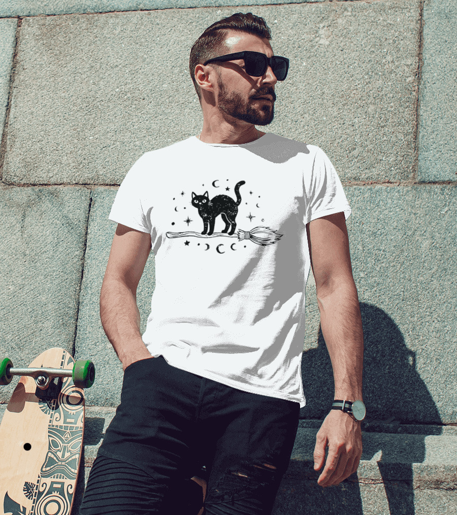 Black Cat With Celestial Moons Stars On Broomstick T-Shirt