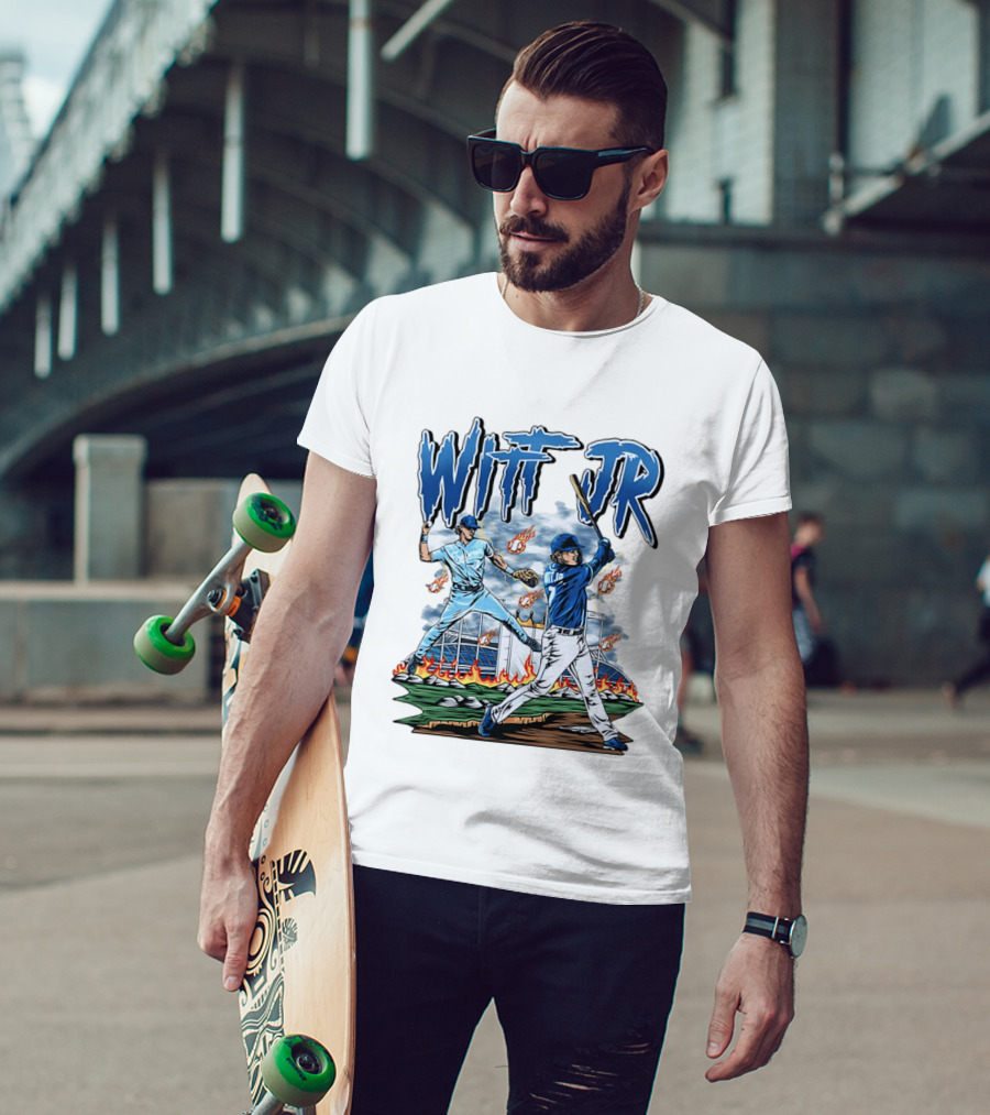 Bobby Witt Jr Kansas City Royals Baseball Player Illustration With Dynamic Action Scenes T-Shirt