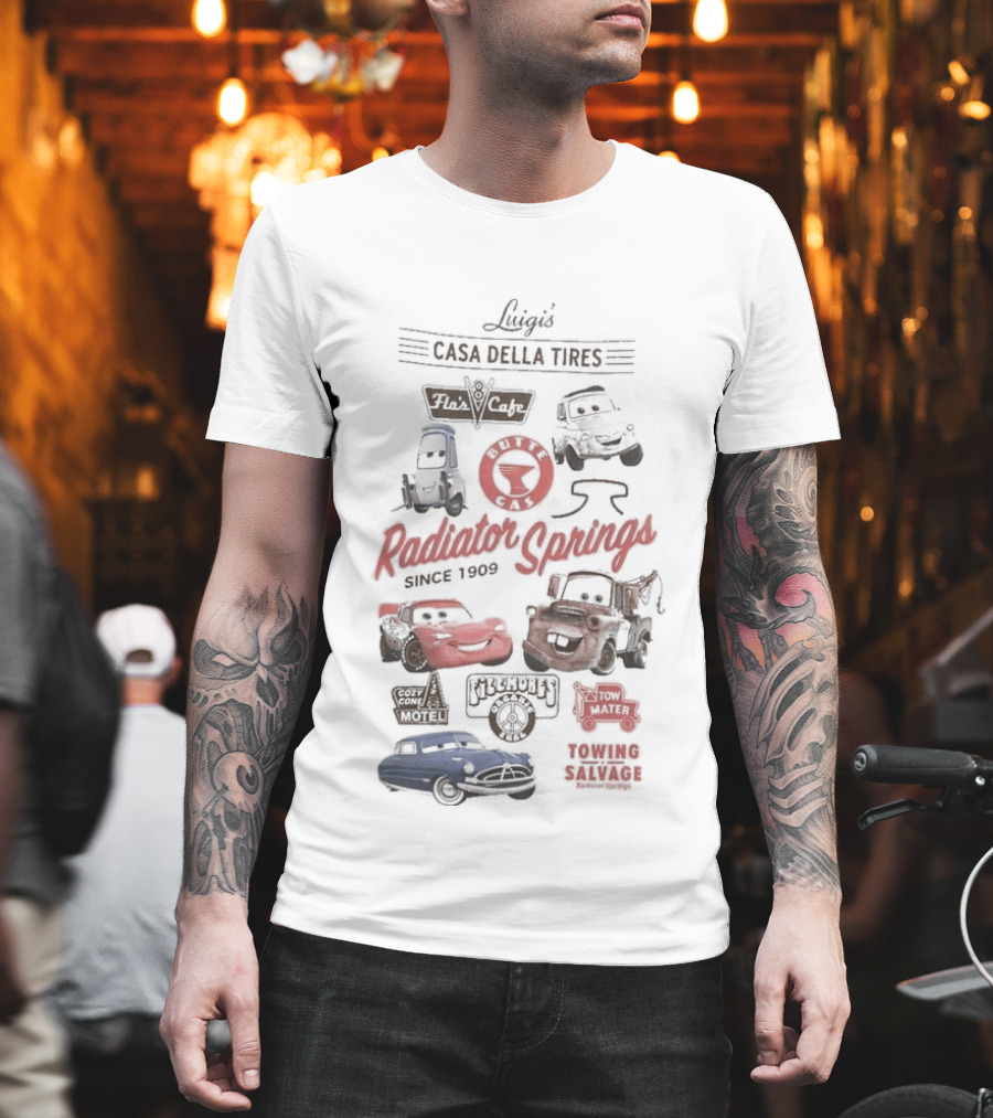 Luigi's Casa Della Tires Radiator Springs Classics Since 1909 Piston Cup Racing 95 Mater Tractor Tipping T-Shirt