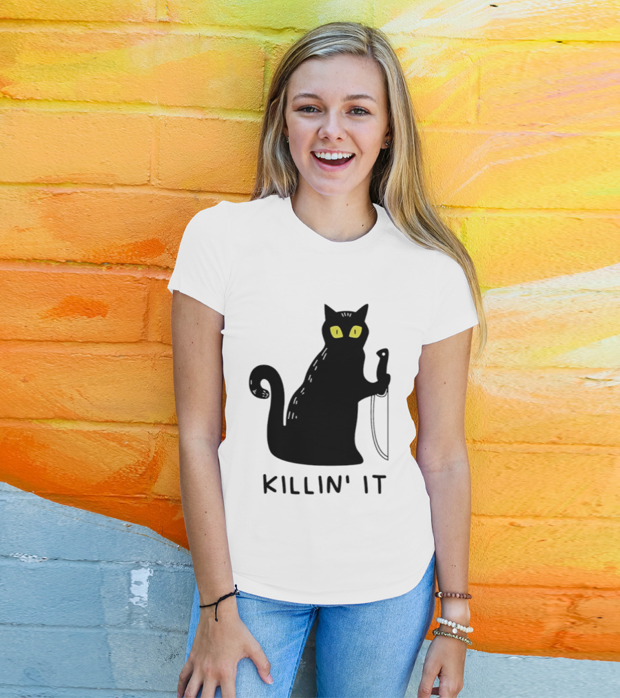 Black Cat Killin' It Halloween Knife T-Shirt