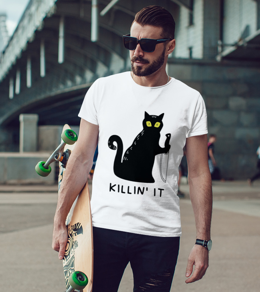 Black Cat Killin' It Halloween Knife T-Shirt