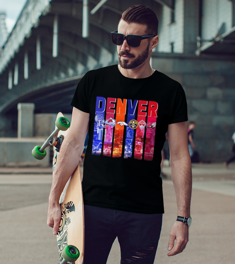 Denver City Skyline With Colorado Rockies Avalanche Broncos Nuggets Rapids Mammoth T-Shirt