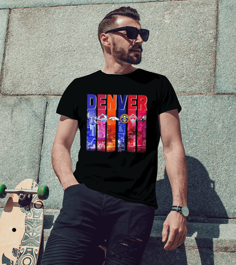 Denver City Skyline With Colorado Rockies Avalanche Broncos Nuggets Rapids Mammoth T-Shirt