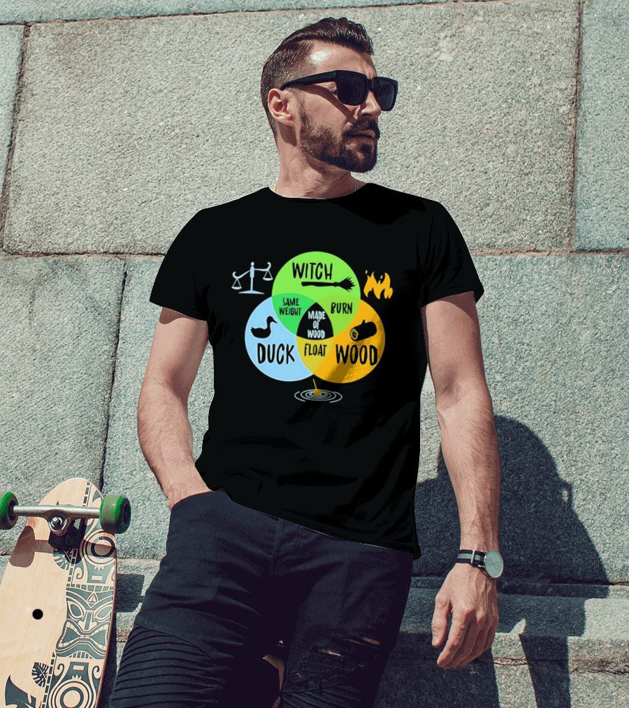 Monty Python Witch Duck Same Weight Made Of Wood Burn Float Venn Diagram T-Shirt