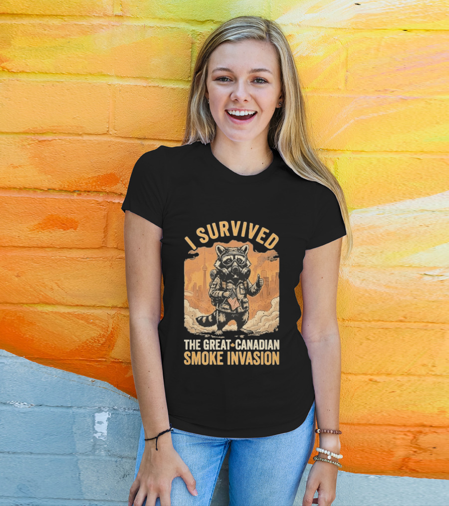 I Survived The Great Canadian Smoke Invasion Raccoon Cityscape Gas Mask T-Shirt