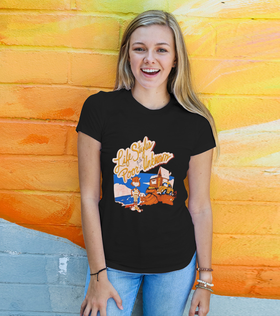Life Styles Of The Poor And Unknown Cartoon Cat Beach Scene With House And Car T-Shirt