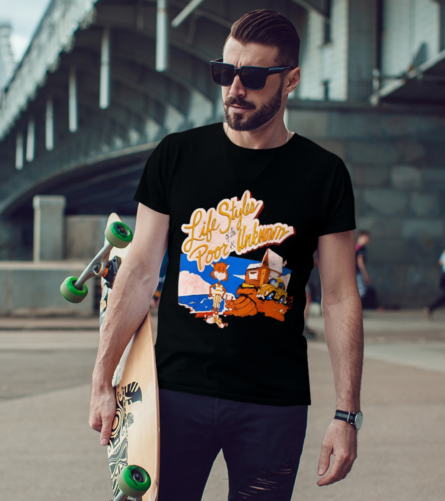 Life Styles Of The Poor And Unknown Cartoon Cat Beach Scene With House And Car T-Shirt