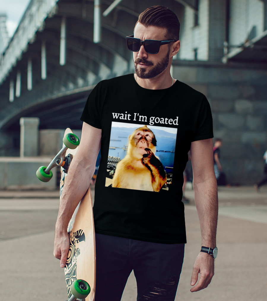Wait I'm Goated Monkey Meme Coastal View Playful Expression T-Shirt