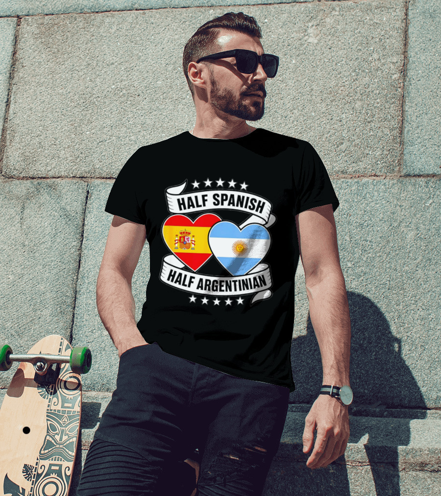 Half Spanish Half Argentinian Heart Flags Banner Star T-Shirt