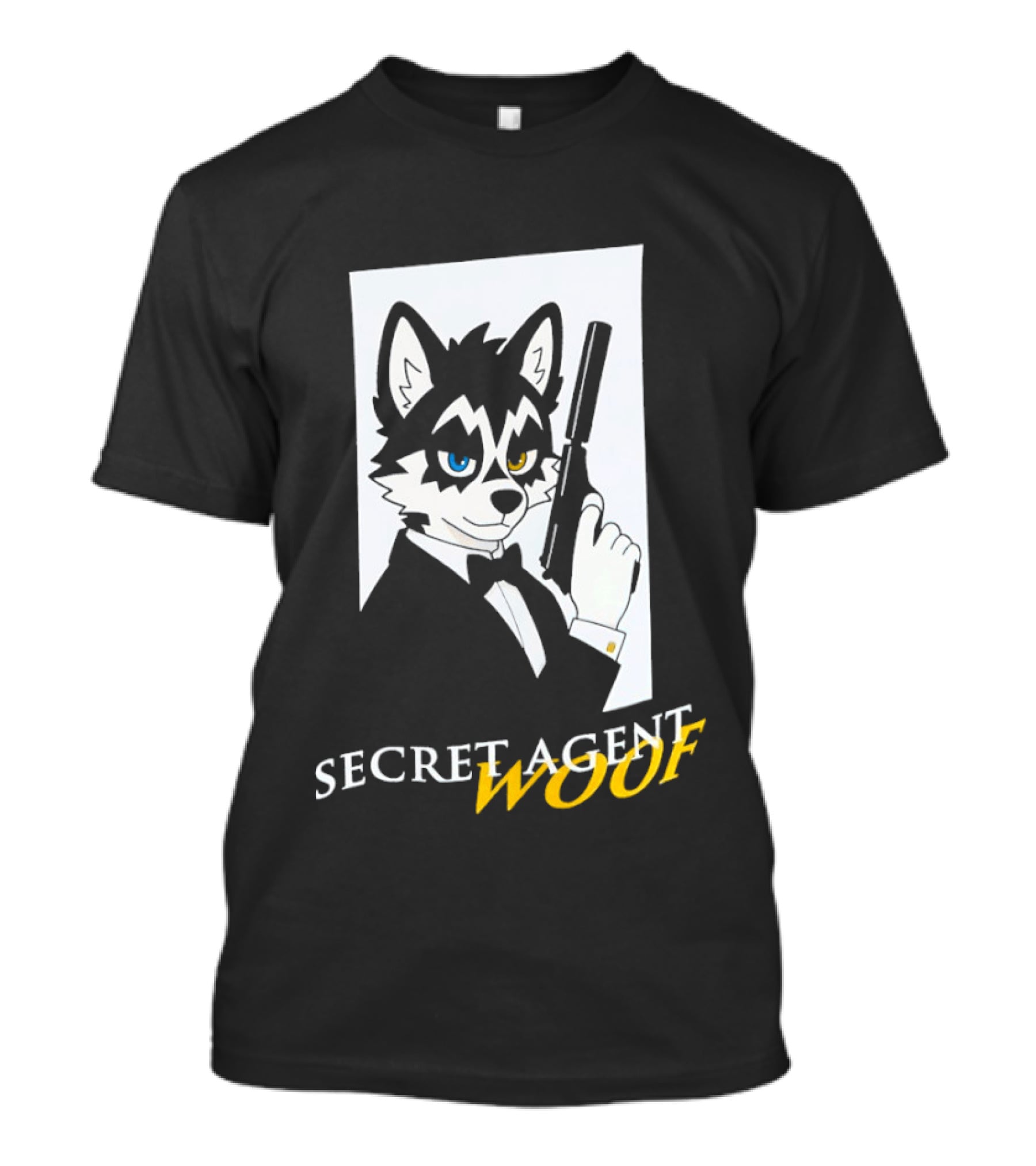 Secret Agent Woof Husky Tuxedo Spy Dog Holding Pistol Image T-Shirt