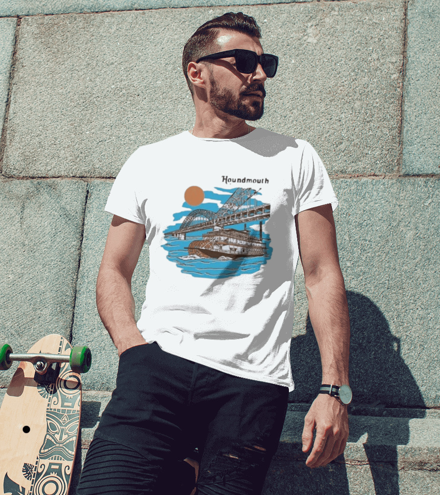 Houndmouth Riverboat Under Bridge With Sun And Waves T-Shirt