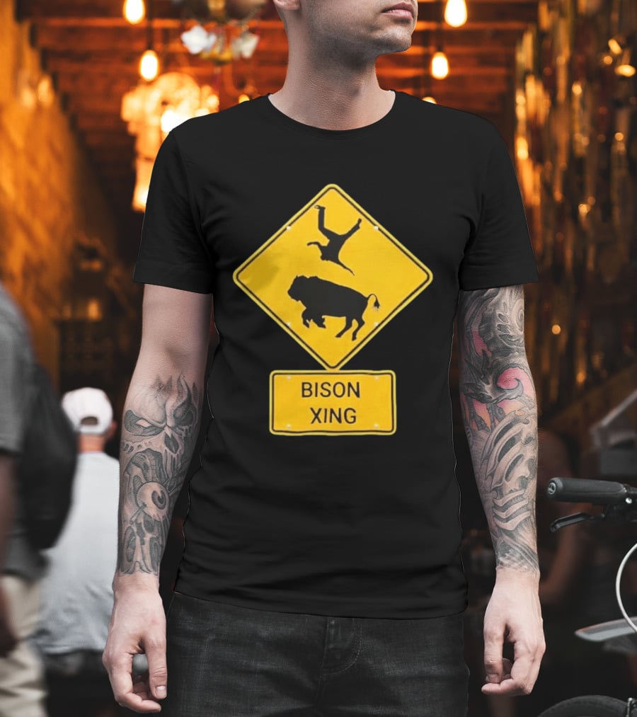 Bison Xing Road Sign With Pedestrian Warning T-Shirt