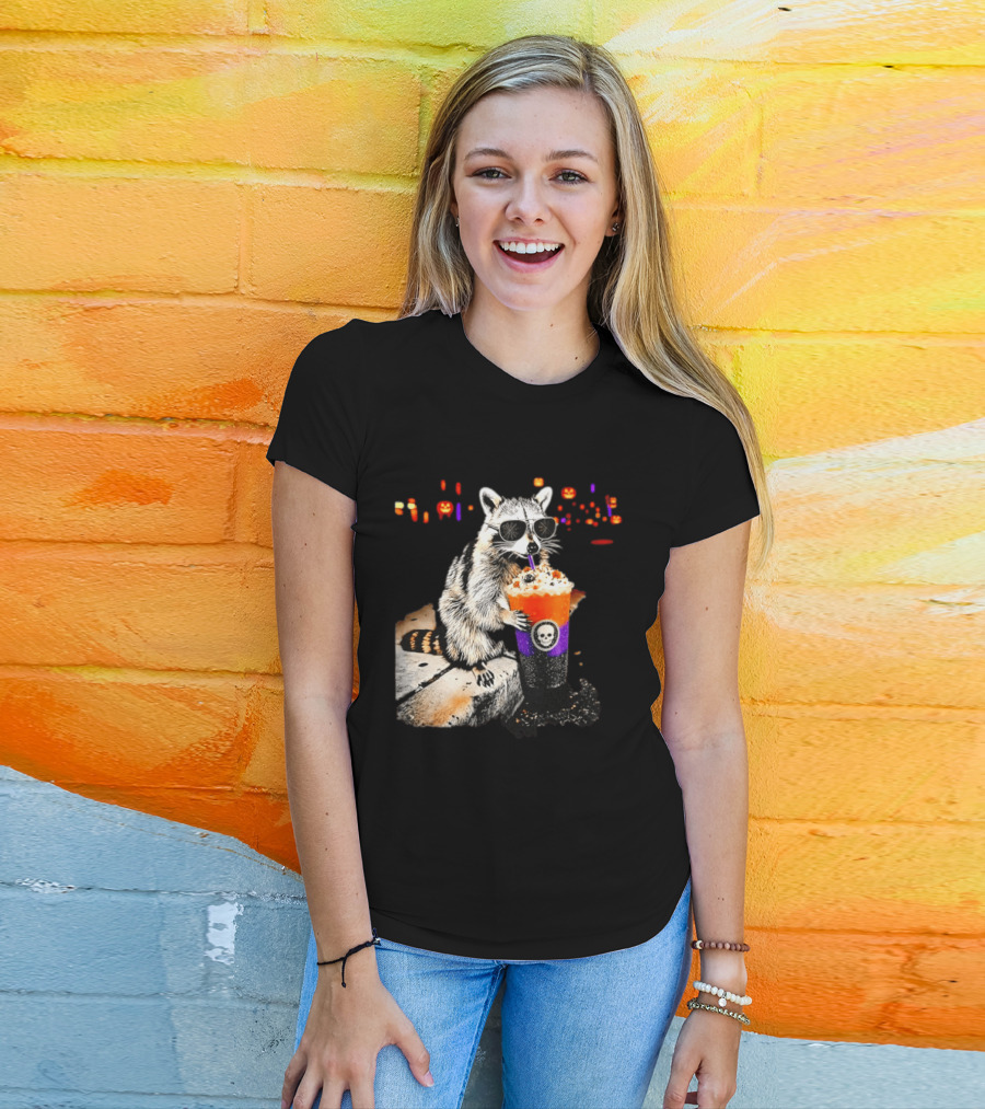 Raccoon With Sunglasses Enjoying Halloween Frappe With Skull Cup And Pumpkin T-Shirt