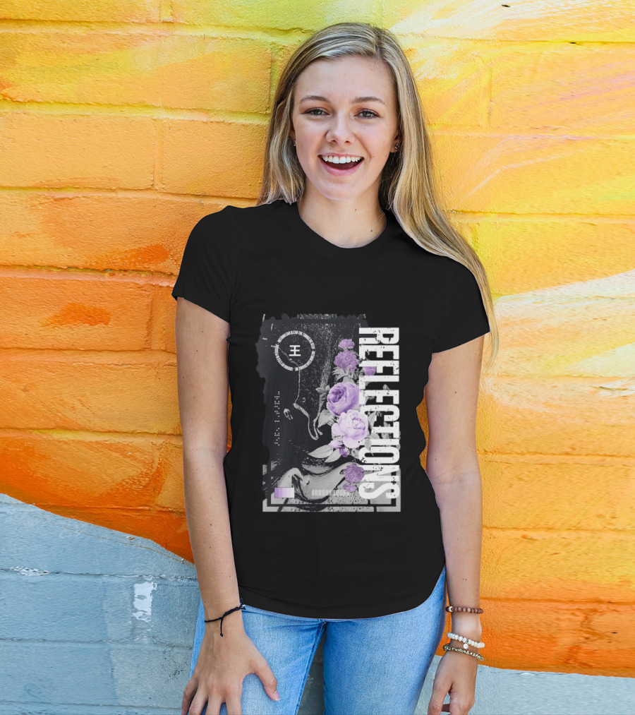 Reflections Peroxide Floral Typography With Purple Roses And Abstract Black And White T-Shirt