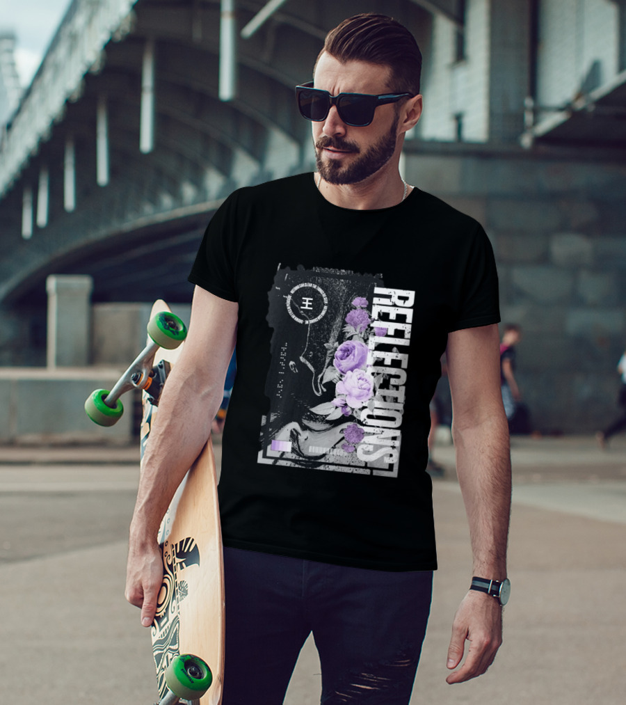 Reflections Peroxide Floral Typography With Purple Roses And Abstract Black And White T-Shirt