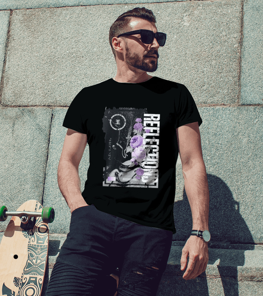 Reflections Peroxide Floral Typography With Purple Roses And Abstract Black And White T-Shirt
