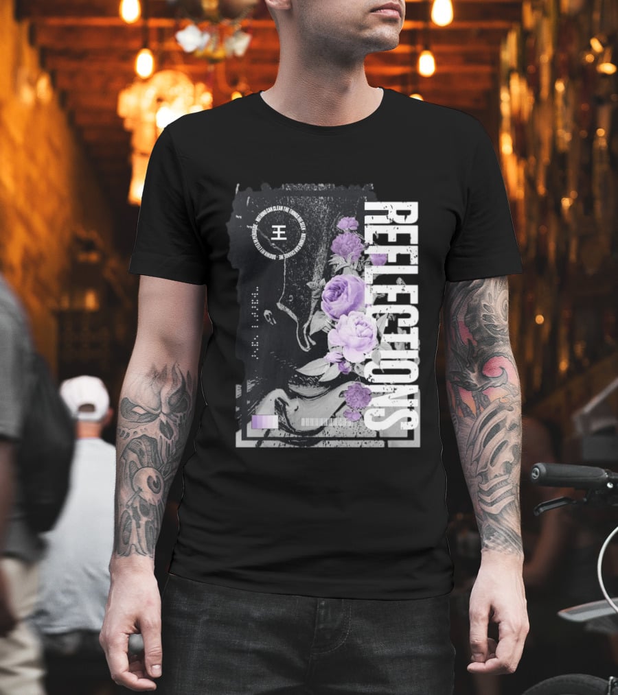 Reflections Peroxide Floral Typography With Purple Roses And Abstract Black And White T-Shirt