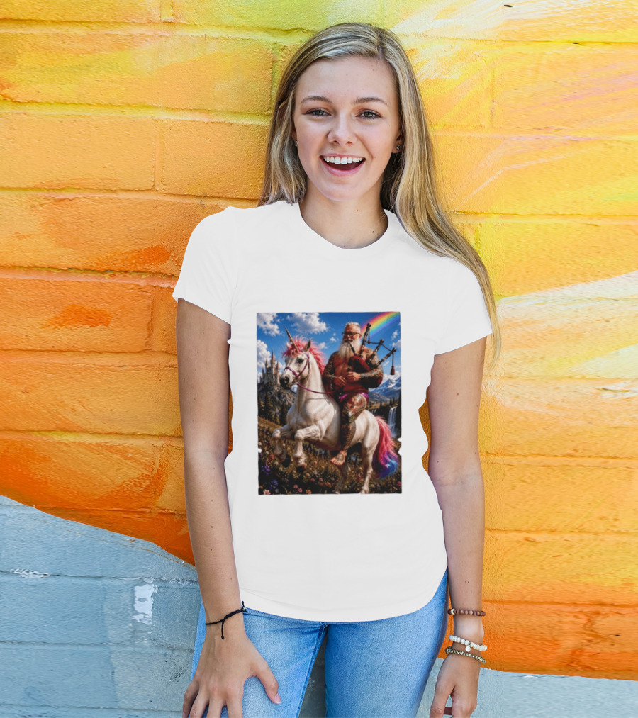 Bearded Scotsman Playing Bagpipes Riding A Rainbow Unicorn In Enchanted Castle Landscape T-Shirt