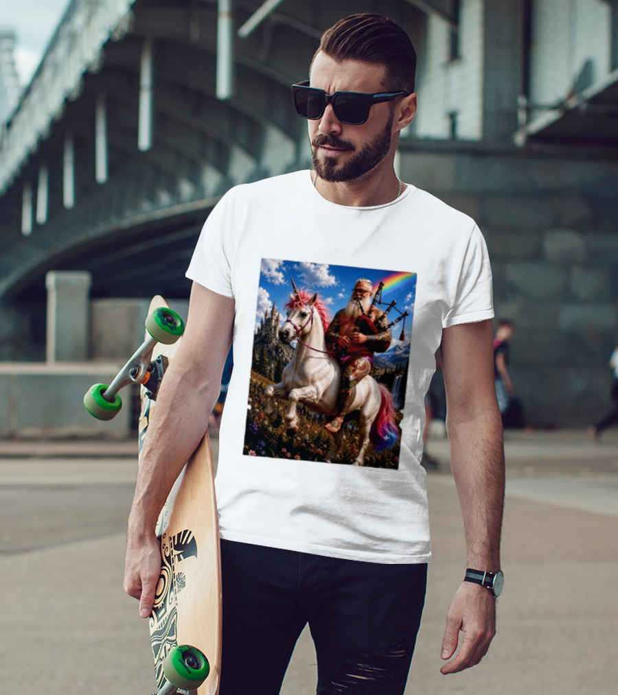 Bearded Scotsman Playing Bagpipes Riding A Rainbow Unicorn In Enchanted Castle Landscape T-Shirt