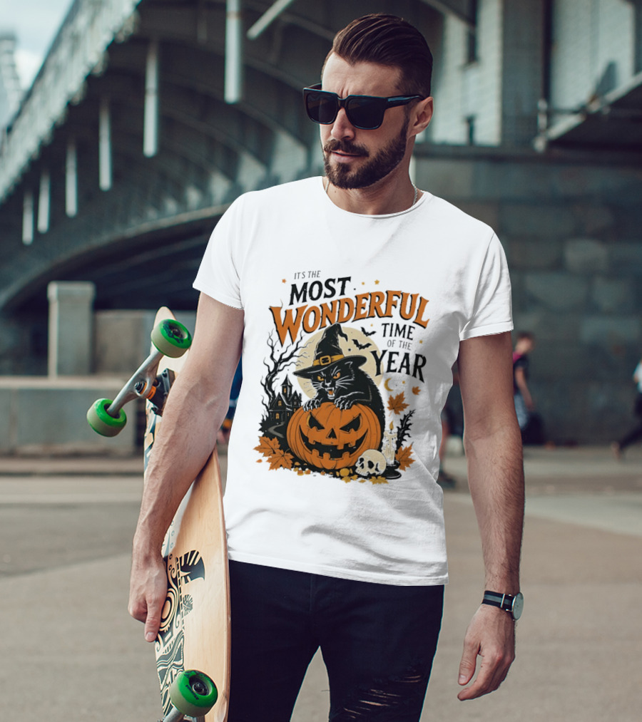It's The Most Wonderful Time Of The Year Witch Cat And Pumpkin Halloween T-Shirt