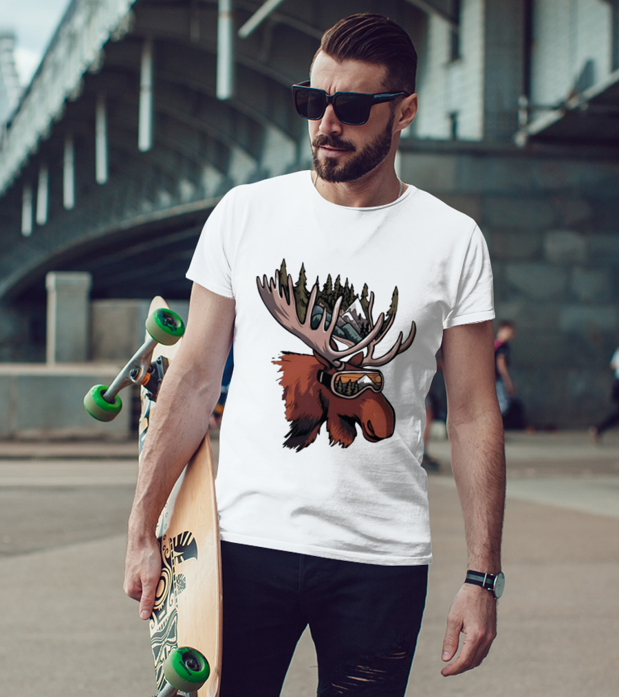 Moose With Ski Goggles And Mountain Forest Antlers Adventure Scene T-Shirt