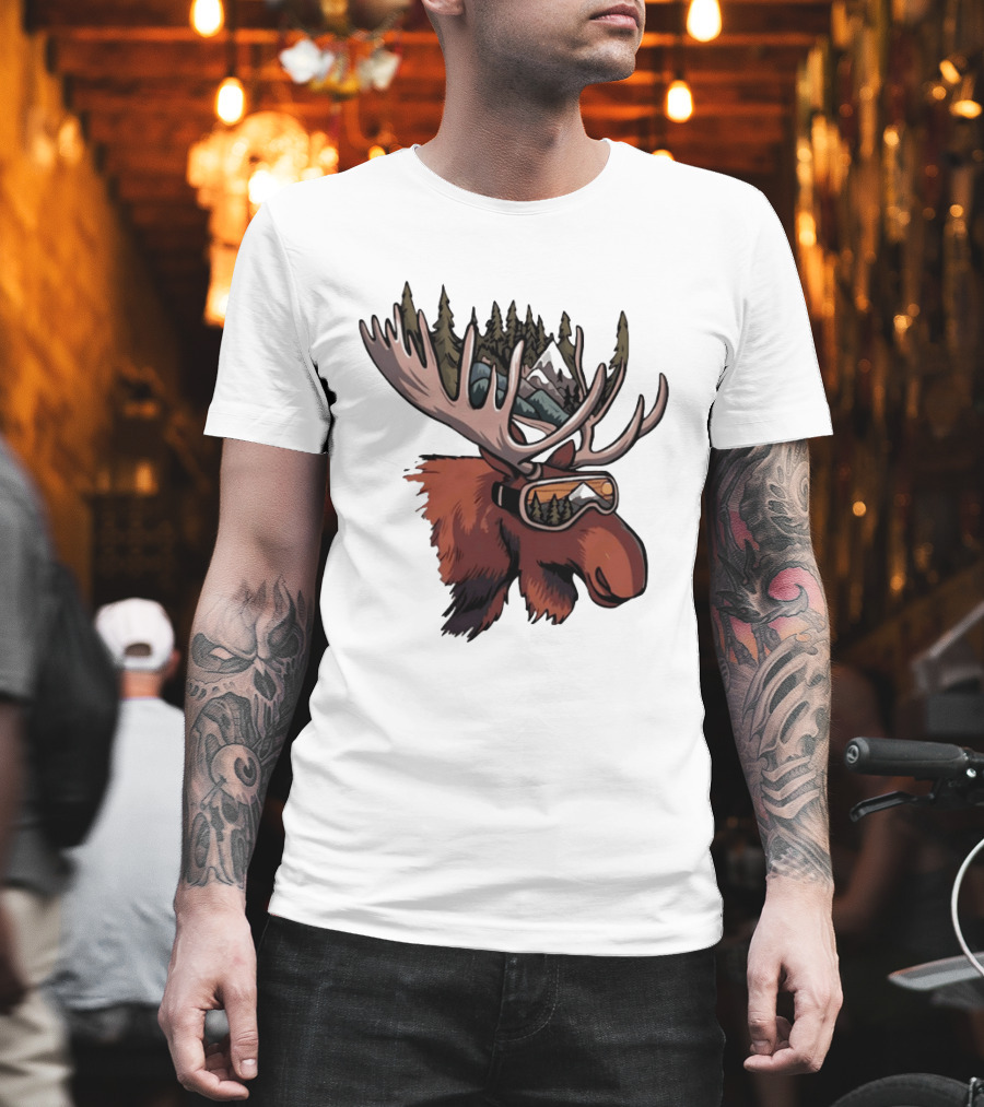 Moose With Ski Goggles And Mountain Forest Antlers Adventure Scene T-Shirt