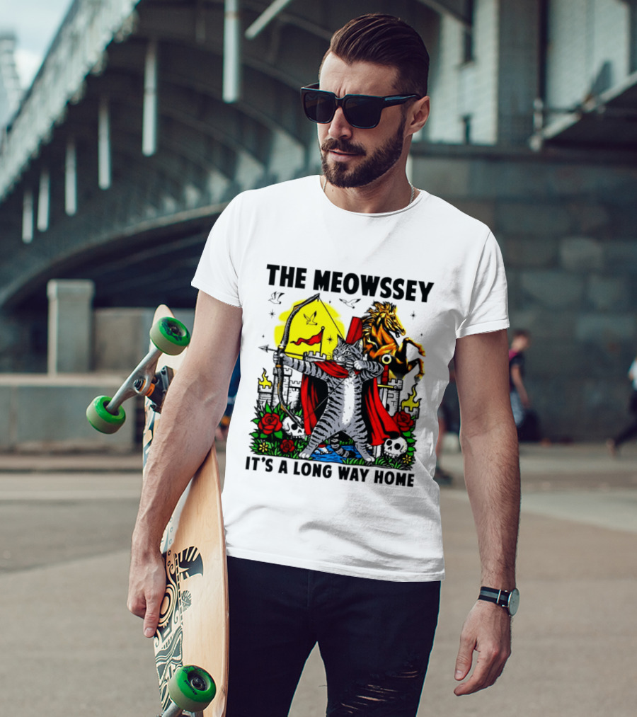 The Meowssey It's A Long Way Home Cat Archer With Red Cape And Horse T-Shirt