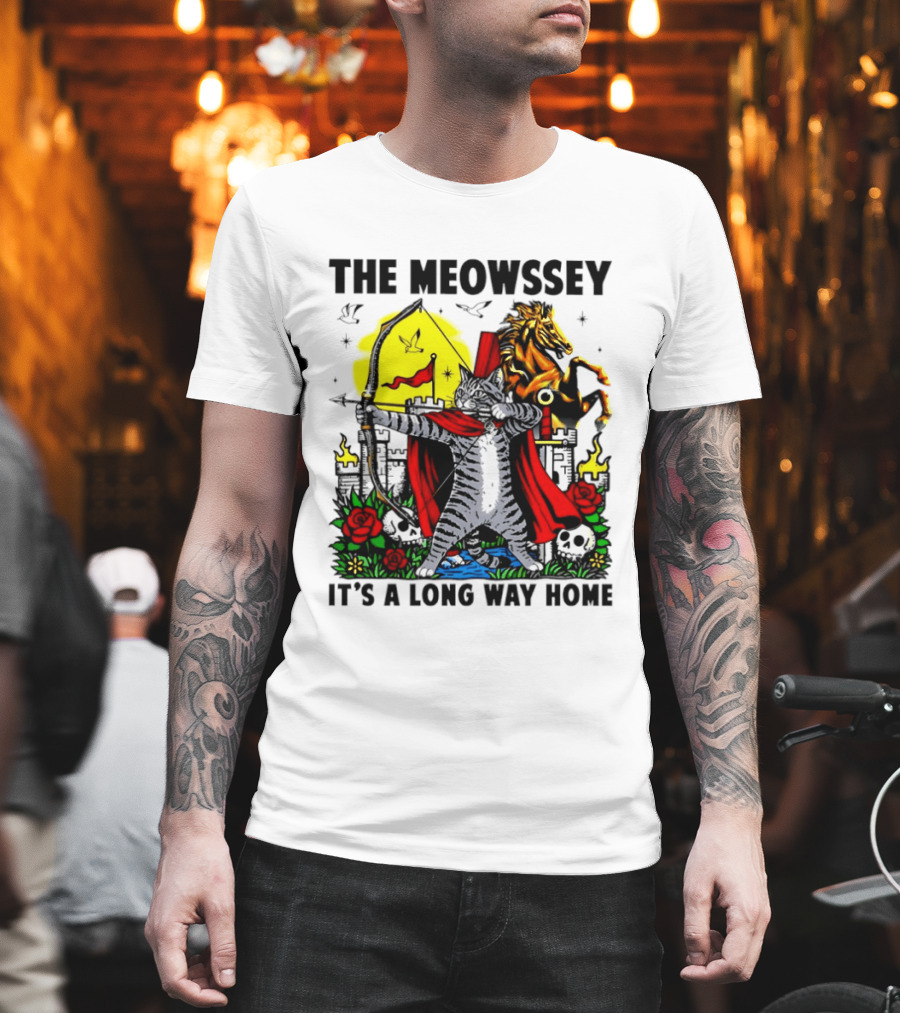 The Meowssey It's A Long Way Home Cat Archer With Red Cape And Horse T-Shirt