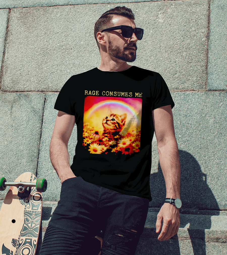 Rage Consumes Me Kitten In Flowers With Rainbow And Daisies T-Shirt