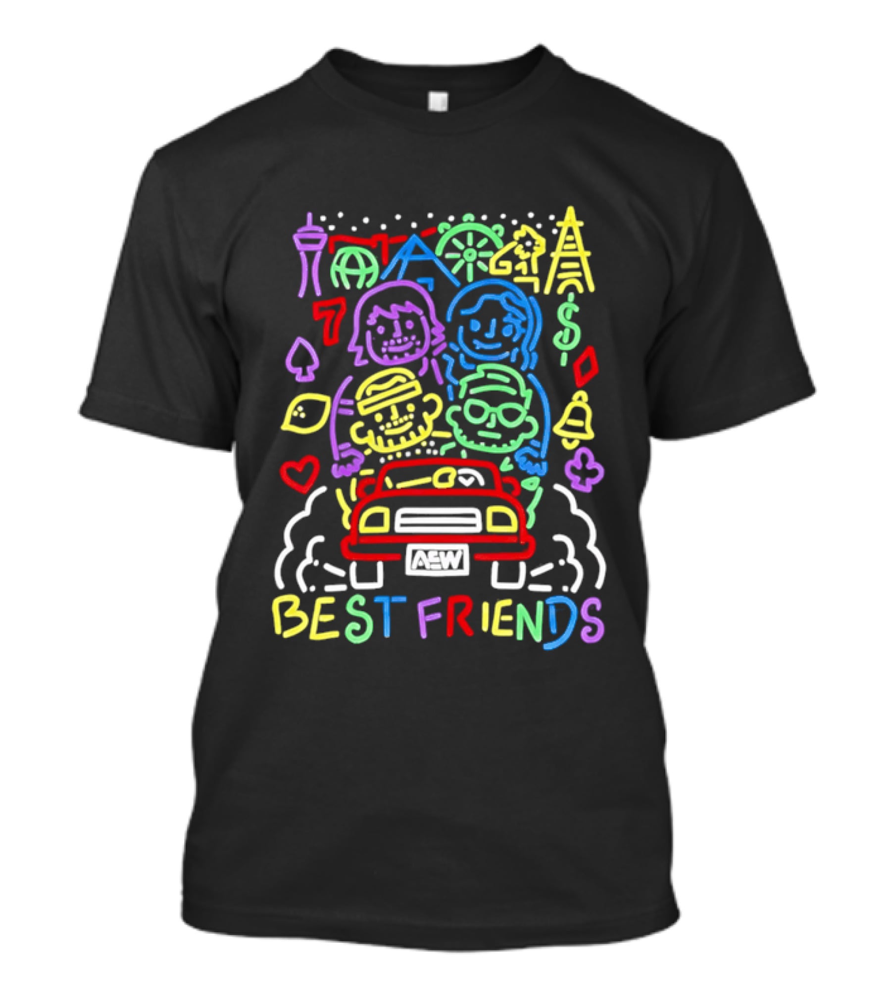 Best Friends AEW Neon Road Trip With Casino Icons And Landmarks T-Shirt