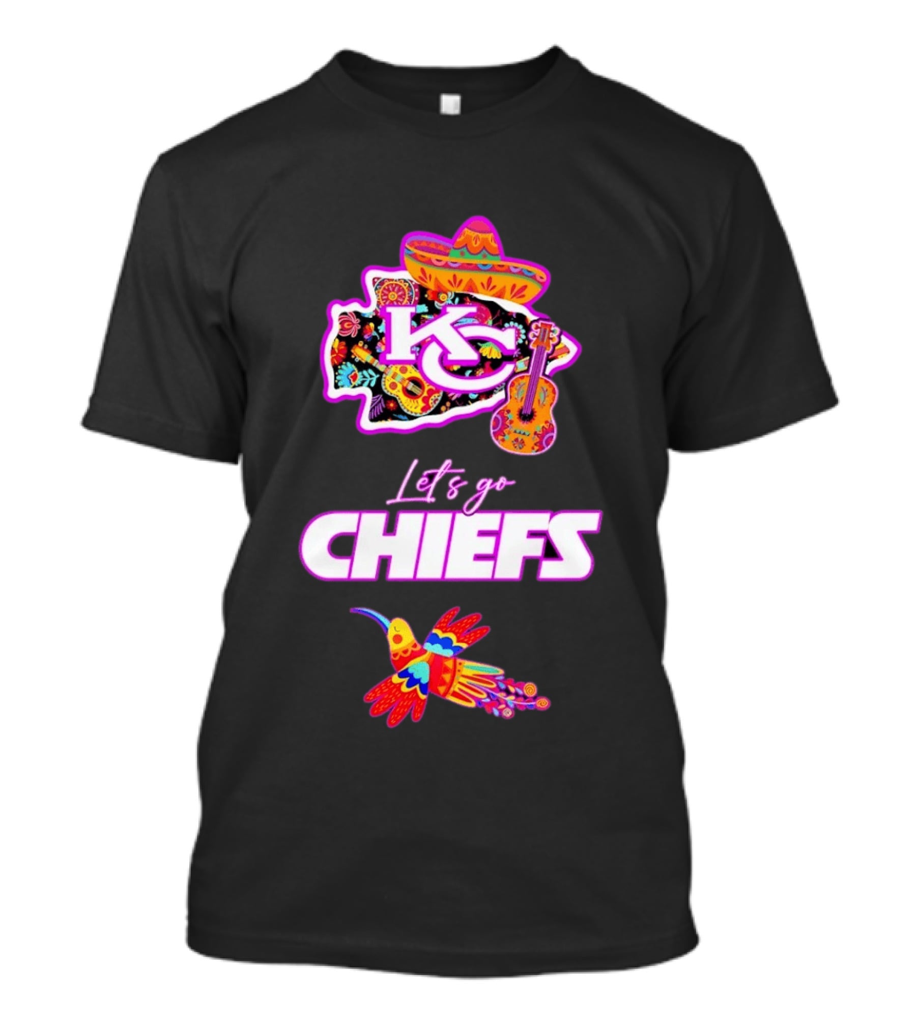 Kansas City Chiefs Let's Go Chiefs Fiesta Hispanic Heritage Mexican Folk KC Sombrero Guitar Hummingbird T-Shirt