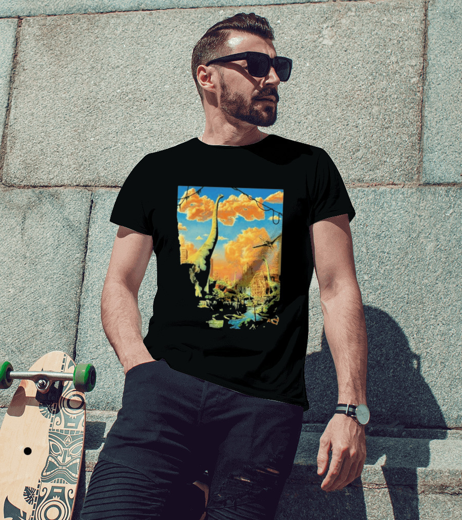 Phish Syracuse NY July 21 2026 St Joseph Health Amphitheatre Dinosaur Cityscape T-Shirt